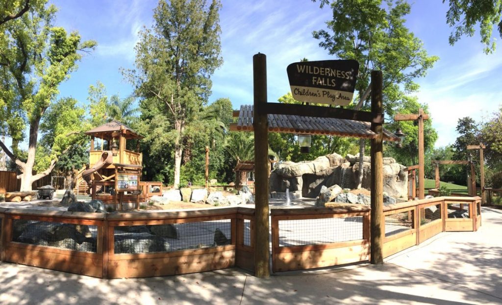 The entrance to the Fresno Chaffee zoo Wilderness water play area, which features National Geographic themed elements.